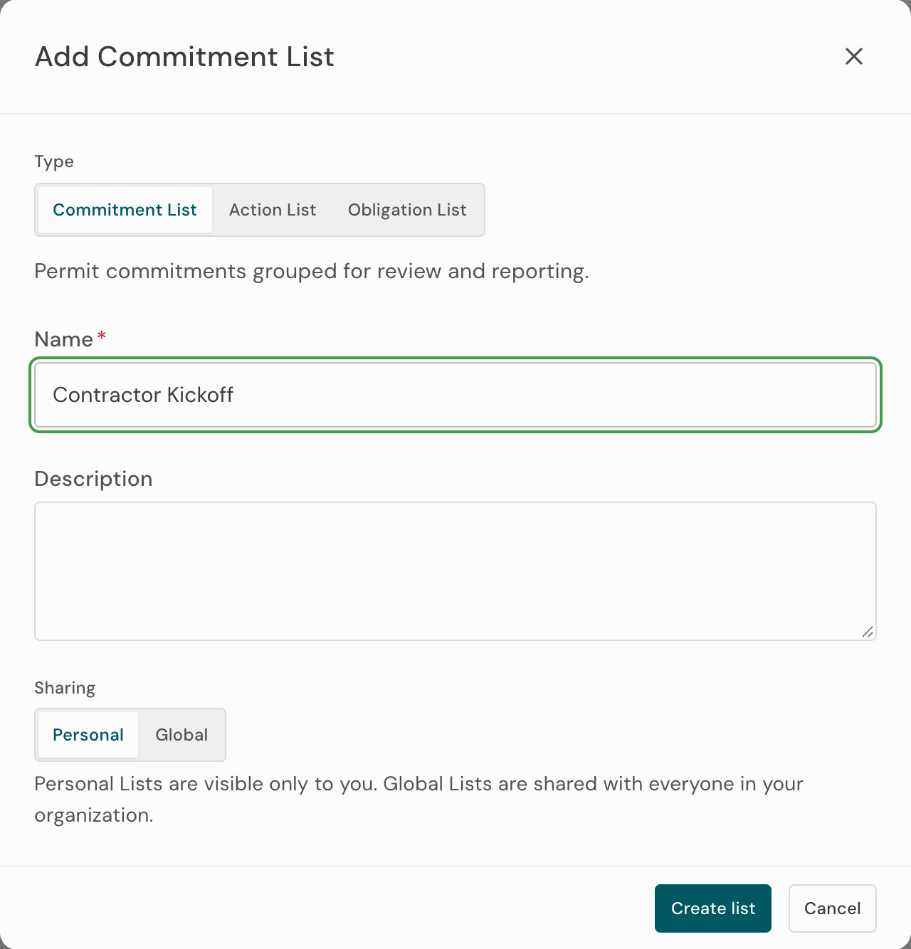 The Add Commitment List dialog, with Name and Description fields
