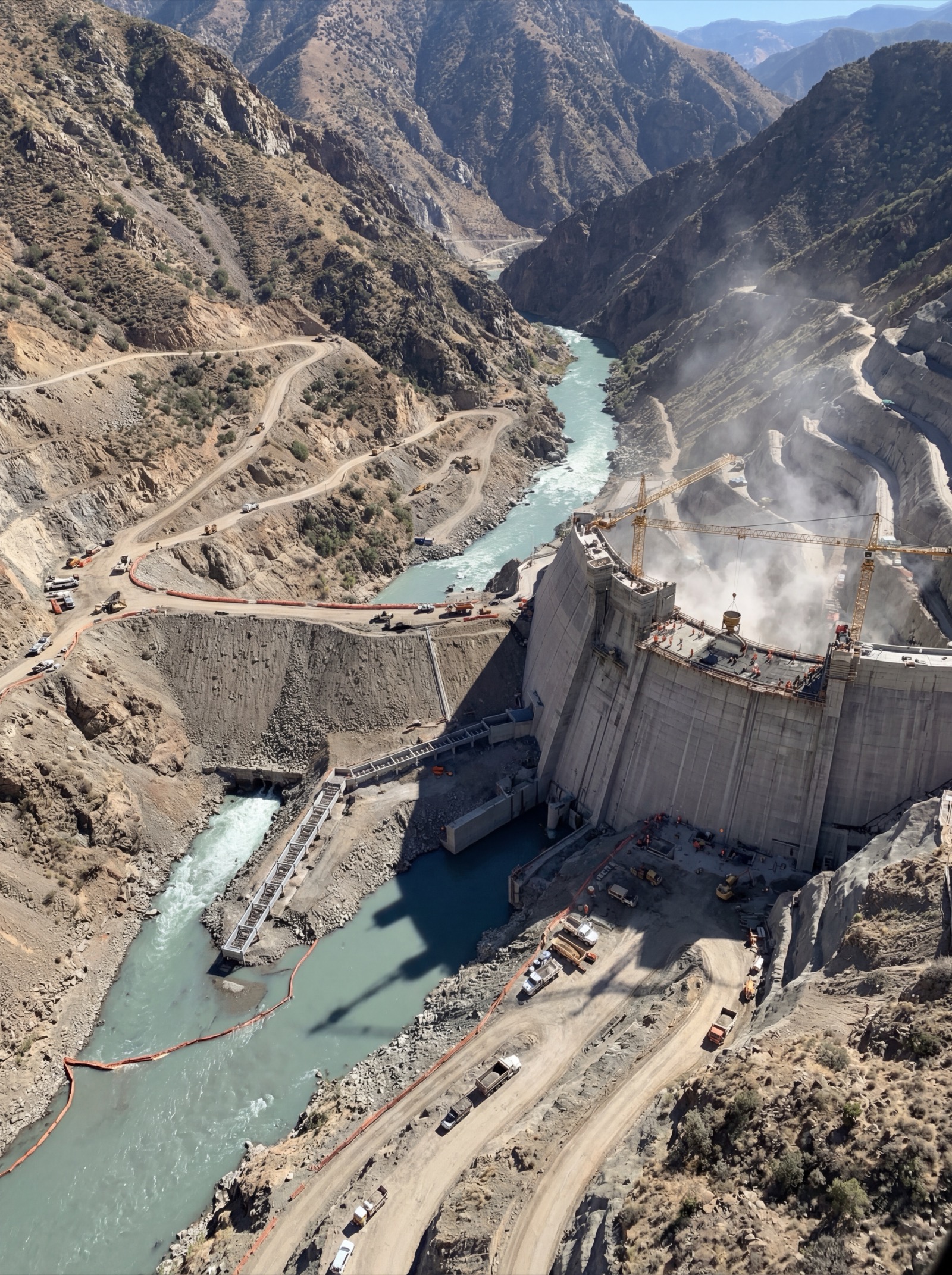 Aerial view of dam construction in a mountain river canyon