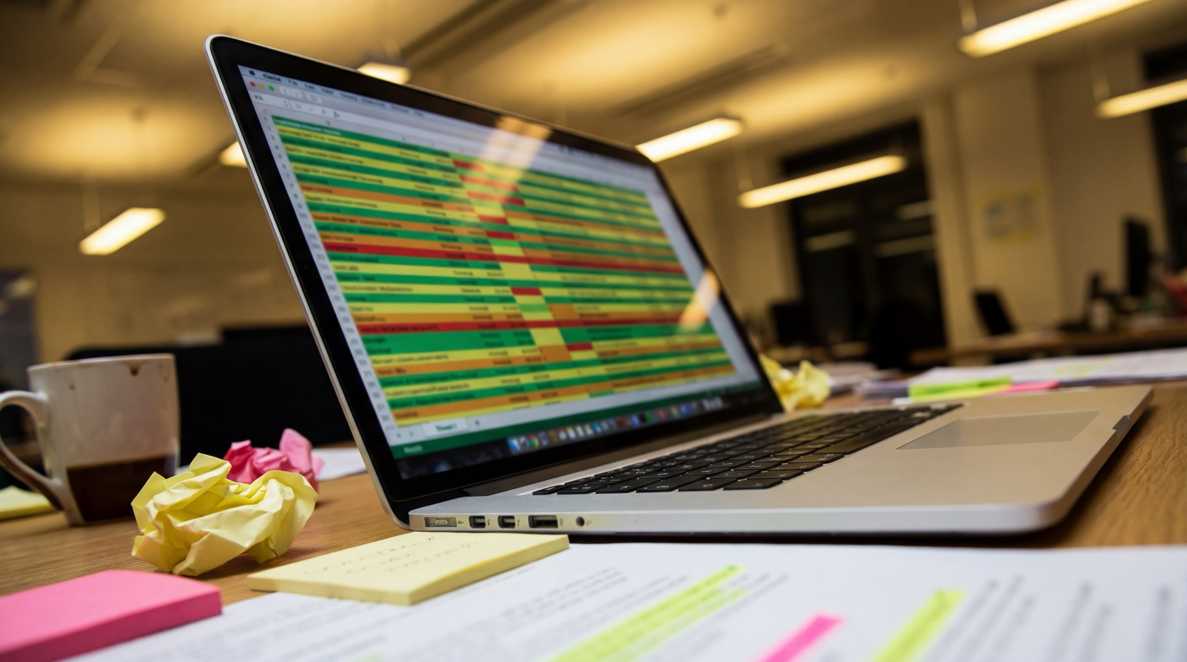 Laptop showing chaotic color-coded compliance spreadsheet on a cluttered desk