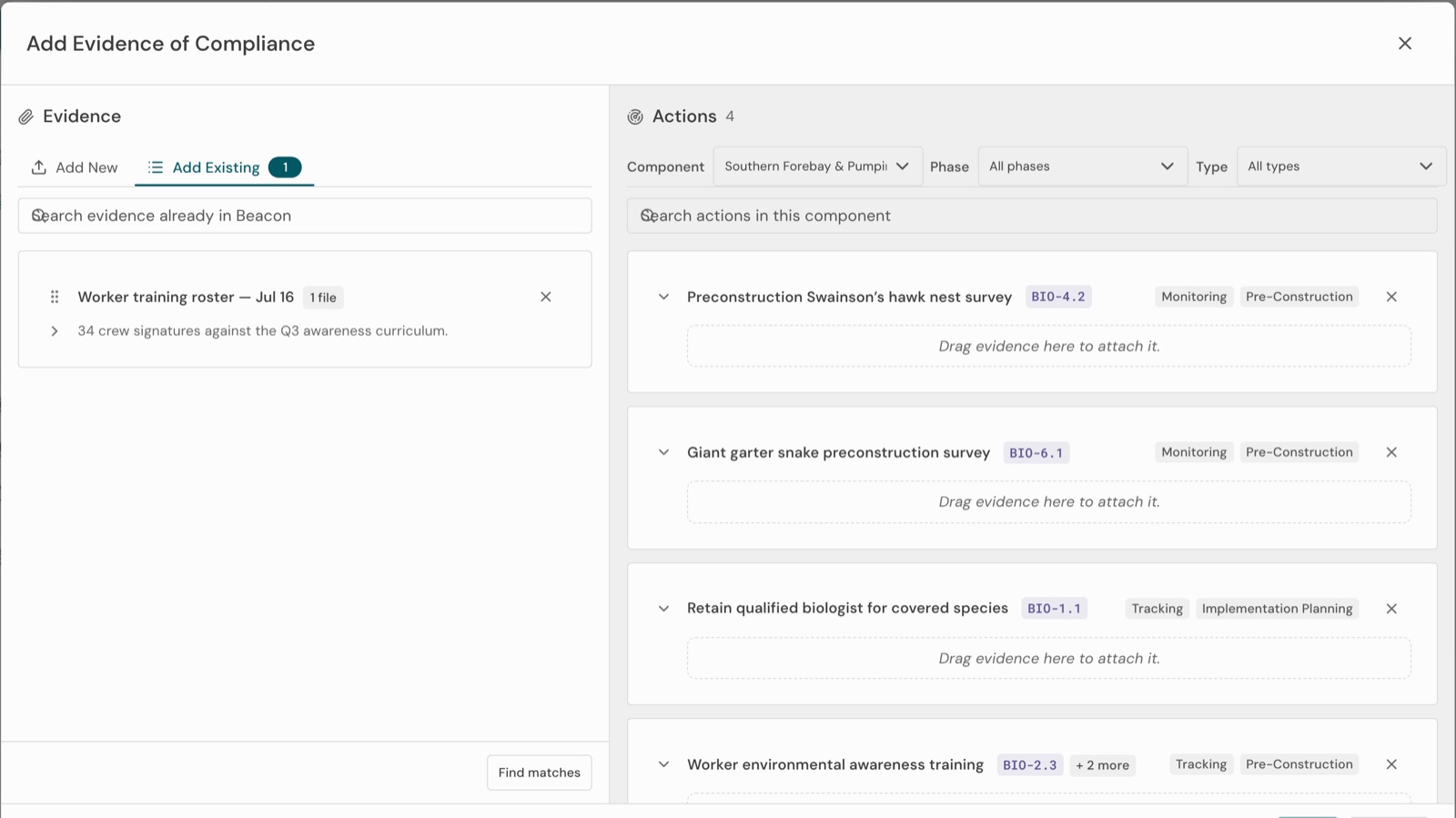 Adding evidence to every action on one component