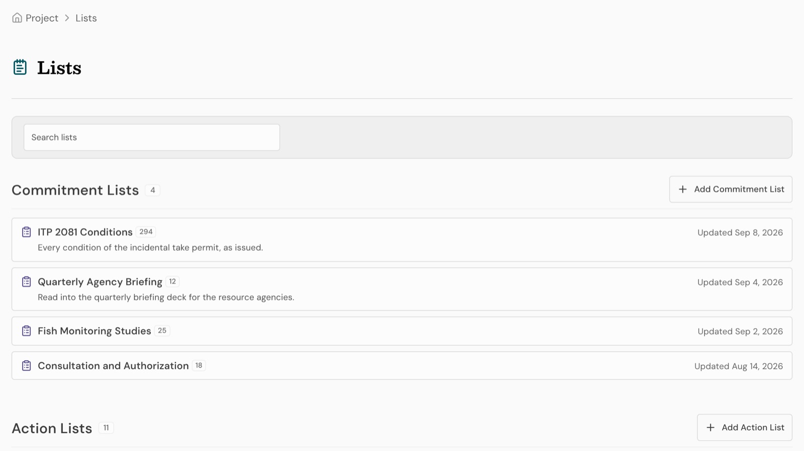 The Lists page, with commitment lists and action lists