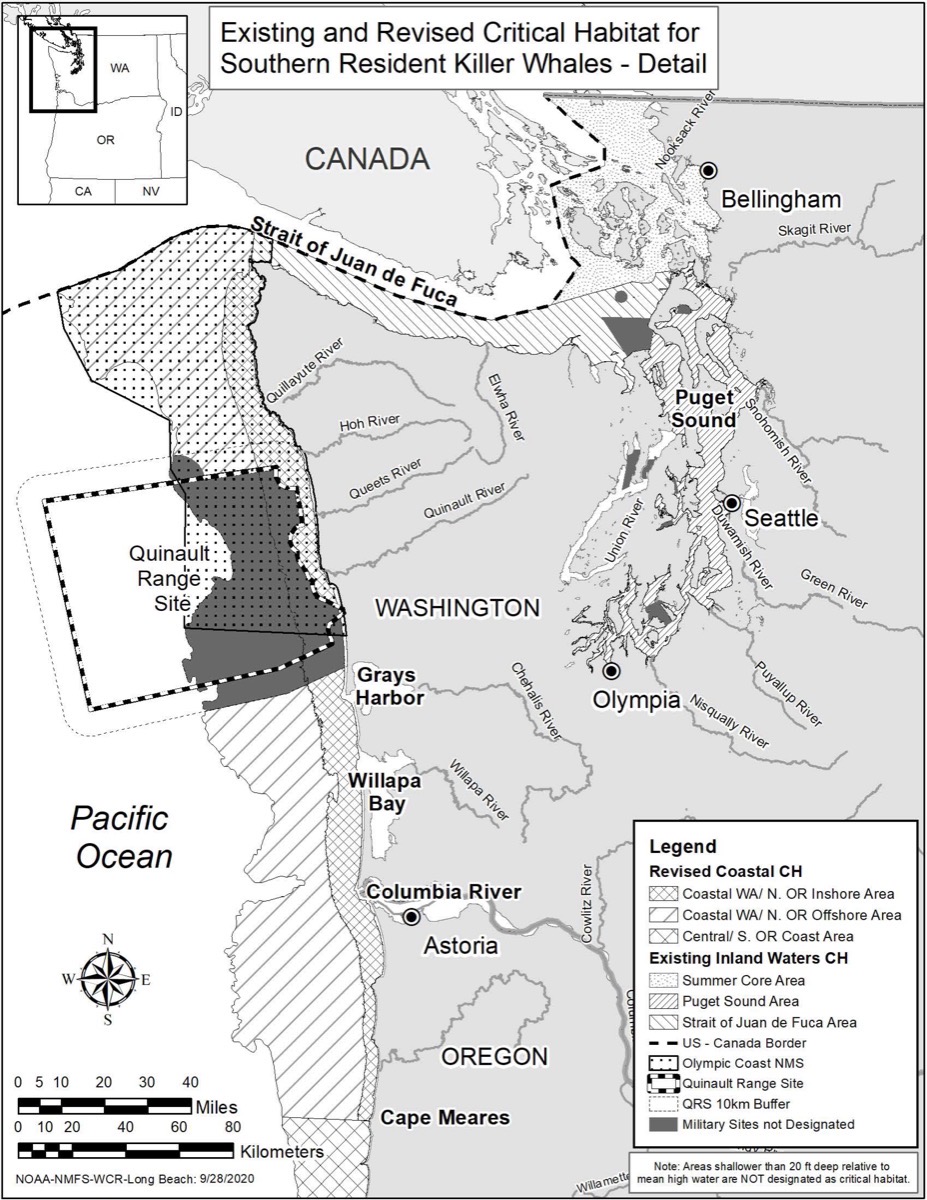 Map of Southern Resident killer whale critical habitat in Washington and northern Oregon, showing inland waters and expanded coastal waters designated under the 2021 federal rule.