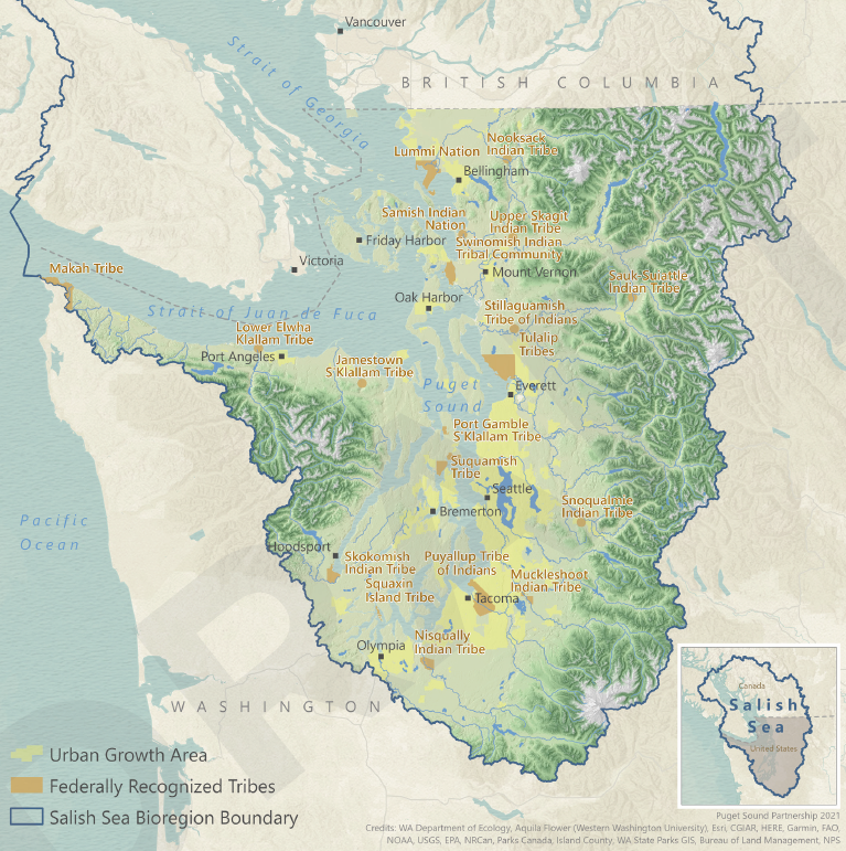 Map of the Puget Sound / Salish Sea bioregion showing the Salish Sea Bioregion Boundary, Urban Growth Areas, and the lands of Federally Recognized Tribes, with cities and tribal nations labeled from Vancouver, B.C. to Olympia, Washington.