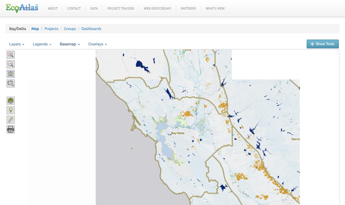 EcoAtlas Bay/Delta map showing aquatic-resource habitat layers across the San Francisco Estuary.