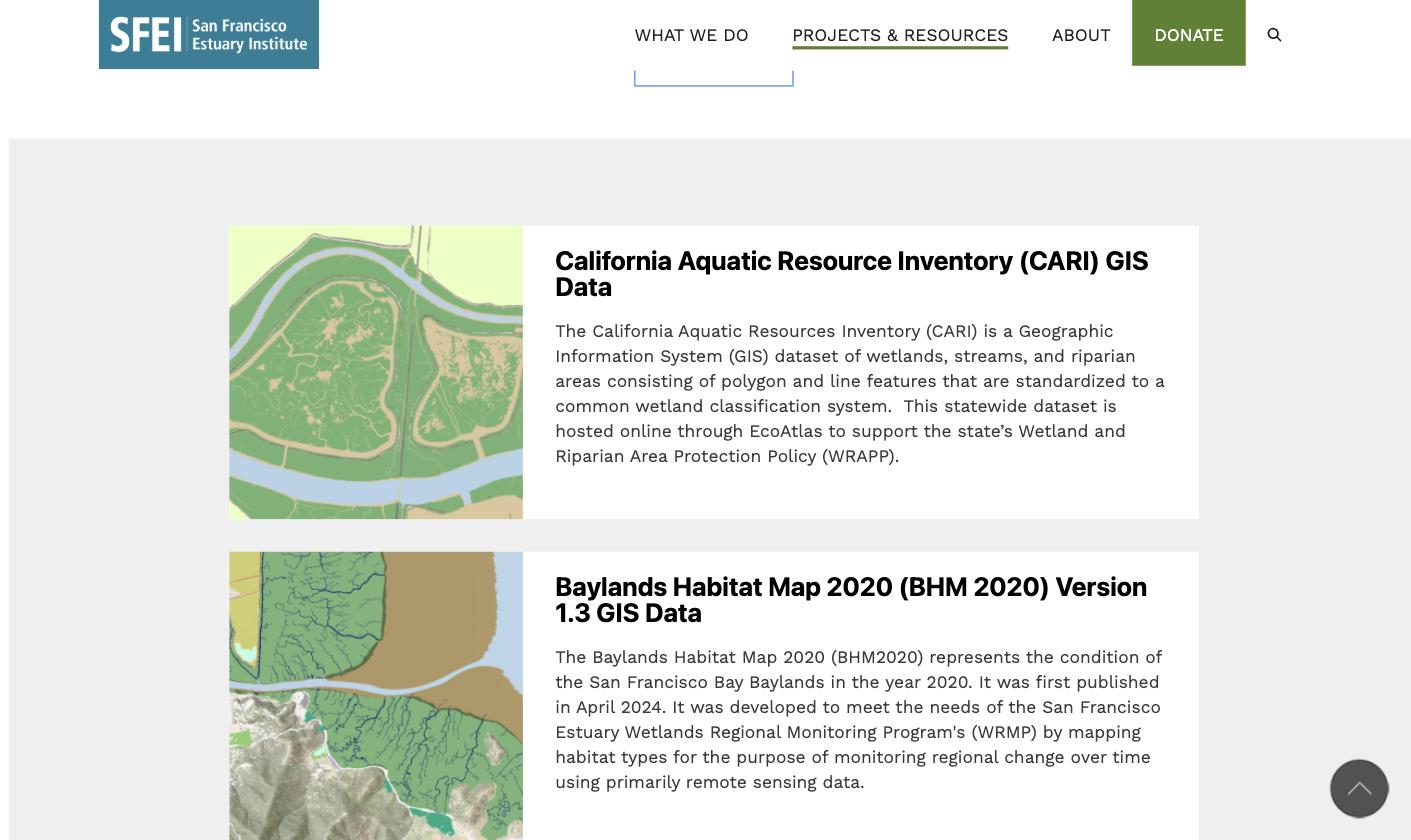 The SFEI Data Center catalog listing datasets including CARI GIS Data and the Baylands Habitat Map 2020.